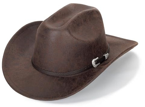 Cowboyhut aus PU-Leder für Herren und Damen, große breite Krempe, Cowboyhut, Ritterhut mit Schnallenband, Kaffee, Medium