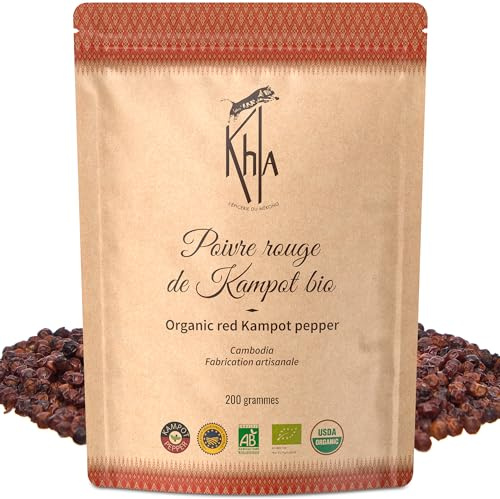Khla - Poivre Rouge de Kampot Certifié Bio 200 g - Sachet Poivre en Grains Biologique - Grand Cru, Doux & Fruité - Ingrédient Cuisine - Direct Producteur - Épice Asie - Origine Cambodge