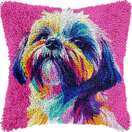Shih Tzu Dog Colorful Latch Hook Kits Pillow Printed Cushion Crochet Yarn Needlework DIY Hook Latch Kit Pillowcase Rug Cover Home Sofa Christmas Decoration 43x43cm(4)