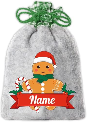 Lindo saquito de Papá Noel/Navidad personalizado con nombre y diseño de pan de jengibre para niños, tamaño 20 x 30 cm