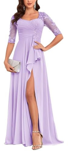 HPPEE Vestido de noche largo formal de gasa con apliques de encaje para boda con abertura en la manga, Lila, 34