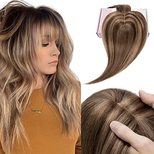 Elailite Haartopper Extensions Frauen Toupet mit Bang 100% Remy Echthaar 7 * 13cm Basis Clip in Haarverdichtung #4P27 Mittel Braun/Dunkelblond - 25cm