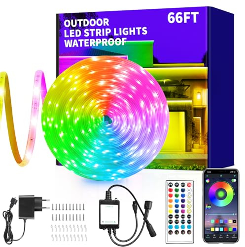 vimeepro 20M OutdoorLed Strip Lichter Ip68 Außen Led band strip Fernbedienung/App Steuerung Außen Led Seil LichterMusiksynchronisation RGB Streifen für Balkon,Dach,Party，Garde