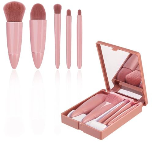 Set di Pennelli per Trucco Portatili, Set Pennelli Make up, 5 in 1 Pennello Cosmetico Contouring, Pennello Correttore, Pennello Fondotinta per Occhiaie, per un trucco perfetto