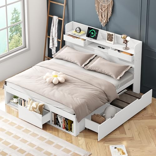 Jtyca Double Bed Frame 135 x 190 cm, 4ft6 Storage Bed with USB-Port & Drawers & Storage Cabinet, Multifunctional Bed, Large Storage Space, Mattress Not Included, White