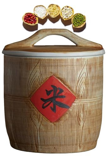 WUCIOA Seau à Riz en céramique, Seau à Riz de 5 kg, 10 kg, 15 kg avec Couvercle, sculpté à la Main. Distributeur de Nourriture pour Le Stockage des céréales, bacs de Stockage de Riz(5KG)