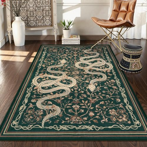 LIVEBOX Washable Area Rug 3x5, Snake Entryway Rugs, Soft Carpet for Bedroom with Non-Slip Backing, Green Rug for Kitchen Laundry Room