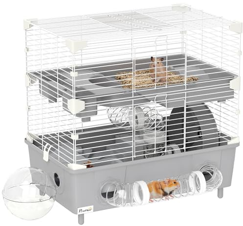 PawHut Gabbietta per Criceto a 2 Livelli e 3 Porte con Ruota Silenziosa, Lettiera e Tubi di Gioco, Gabbia per Animali in Acciaio, PS e PP, 44.5x28x44 cm, Grigio e Bianco