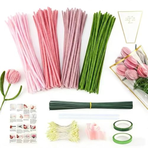 400 Stück Pfeifenputzer Blumen Set mit Anleitung, Pfeifenreiniger Zum Basteln, Pipe Cleaner Flower Set, Mit Blumenstöcke, Klebebandrollen, Bänder, Staubgefäße Etc, Für DIY Basteln Und Dekorieren