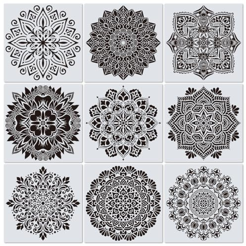 ZSUIQIN 9 Pièces Pochoir Mandala de peinture, Pochoirs réutilisables, Pochoir à Dessin Réutilisable, Motifs Assortis, pour Planchers, Fenêtres, Meubles, Bois, Wall Decor (30 * 30cm)