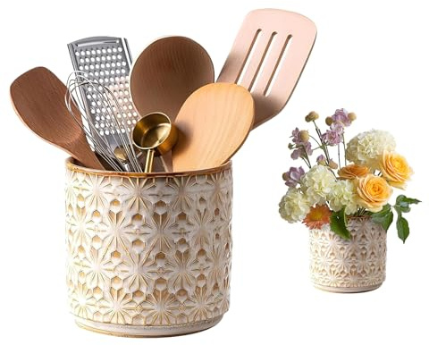 TIMENIL Keramik-Utensilienhalter für Küchentheke, 13,5 cm, Bauernhaus-Küchenutensilienhalter für Arbeitsplatte, handgefertigter Kochutensilienhalter mit elegantem Design zur Aufbewahrung von