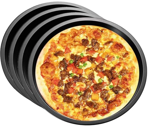 AEVORA 4 Stück Pizzablech Rund Pizzaform für Backen & Servieren, Edelstahl Pizza Backblech mit Antihaftbeschichtung, Backblech Quiche Backform, Langlebig & Leicht zu reinigen