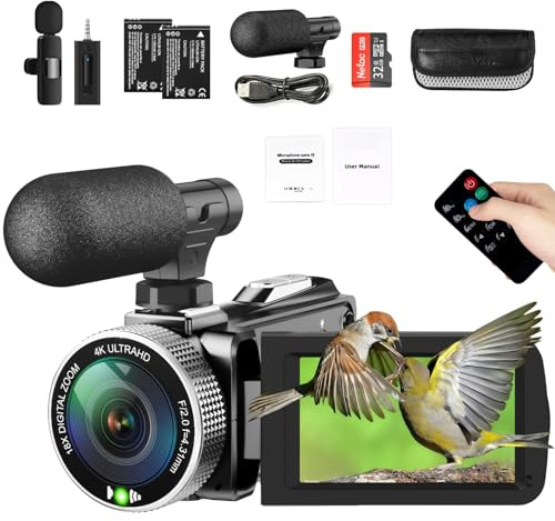 Windancy Caméra vidéo 4K, caméscope 48 MP 30 fps pour YouTube, enregistreur de vlogging vidéo FHD1080P, zoom numérique 18x, rotation de 3,0, écran IPS de 3,0, avec télécommande, 2 batterie + 32GB SD