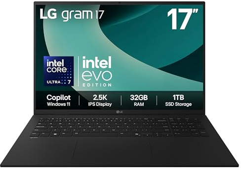 LG gram 17Z90T - 17 Inch 2.5K IPS Ultra-Lightweight Laptop, Intel Core Ultra 7 255H - EVO Edition, 32GB RAM, 1TB SSD, Windows 11 Home, gram Hybrid AI, Copilot, Black (2025)