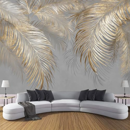ANALTIRCE Papier Peint Panoramique Style Européen Luxe Plantes,Papier Peint 3D Motif Or Feuilles Palmier Intissé Wallpaper Chambre Bureau Déco 400×280cm Personnalisé Décoration Murale Gris