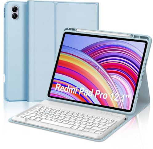 Coque Clavier pour Redmi Pad Pro/Xiaomi Poco Pad 12.1 Pouces, AZERTY Français Housse Clavier Bluetooth Magnétique Détachable avec Porte Crayon pour Redmi Pad Pro/Xiaomi Poco Pad 12.1 2024, Bleu Ciel