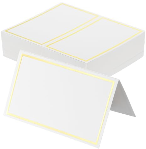 sourcing map 100 tarjetas de lugar de tienda de campaña con nombre de asiento de mesa con 4.1 x 3.35 pulgadas en blanco para bodas, mesas, cenas, festivales, marco de línea dorada blanca dúplex