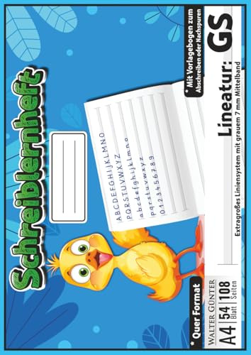 Schreiblernheft Lineatur GS Größe DIN A4 Querformat: 54 Blatt (108 Seiten) | 7 mm Geeignet für Grundschrift-Lineatur mit grauem Mittelband und ... zum Abschreiben | Ideal für 1. & 2. Klasse