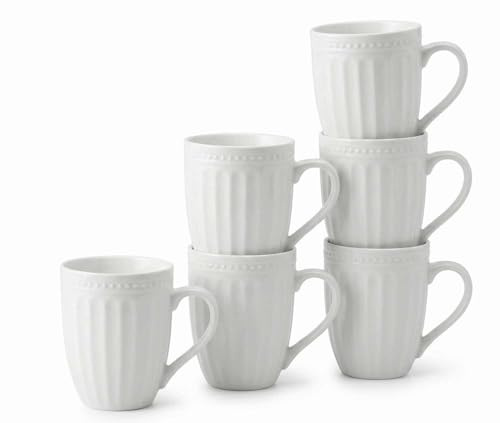 superyes Elegant French Country Ceramic Coffee Mugs Set 6, White Ribbed Design with Beaded Rim, Sun-Reflecting Ribbed Design,15oz, Microwave & Dishwasher Safe