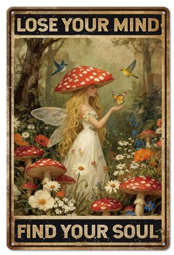 GLOBLELAND Vintage Mushroom Hunter Metal Tin Sign 12x8 inch Mind and Soul Tin Signs Decor Forest Plants Woman Metal Wall Plaque for Home Room Farmhouse Cafes Office Store Bar Kitchen Garden Decor