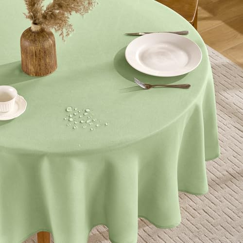 FIBORIA Tischdecke Outdoor Rund 160 cm Grün Leinenoptik Tischdecken Abwaschbar & Wasserabweisende Tischwäsche Abwischbare Tischtuch Table Cloth für Frühling Ostern Camping,Garten,Hochzeiten,Geburtstag