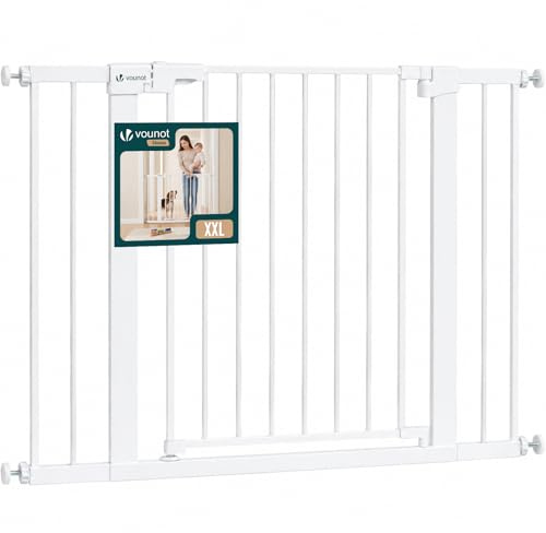 VOUNOT® Treppenschutzgitter ohne Bohren 103-110 cm, Metall Treppengitter Türschutzgitter für Kinder und Hunde, 76 cm hoch, Auto-Close, Doppelverriegelung, Beidseitige Einhand Öffnung, Weiß