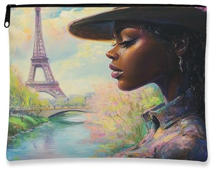 Artistic Vintage Makeup Bag, Paris Tower Floral Cosmetic Travel Pouch for Women, Portable Canvas Zipper Organizer, Spring Skincare Toiletry Bag 7x9 Inch