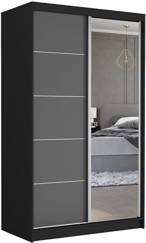Easy4You Krudox Schwarz/Anthrazit 120 cm Schiebetürenschrank Kleiderschrank mit Spiegel Schlafzimmermöbel Mehrzweckschrank mit Kleiderstange Schrank für das Schlafzimmer