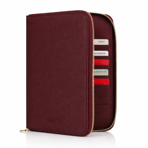 DELOA ® Organiseur de documents de voyage et de famille, organiseur de carnet de santé 3 en 1 avec compartiment pour passeport de vaccination et passeport, en cuir synthétique Saffiano, bordeaux, 24