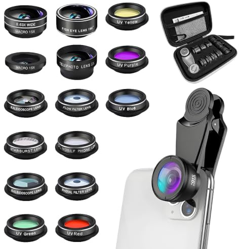SKJJM 15-i-1 mobiltelefonkameralins set, 198° fisheye-lins, 15 x makroobjektiv mobiltelefon, 0,63 x wide, starlight och kalejdoskopobjektiv med CPL-filter, kompatibel med iPhone och de flesta