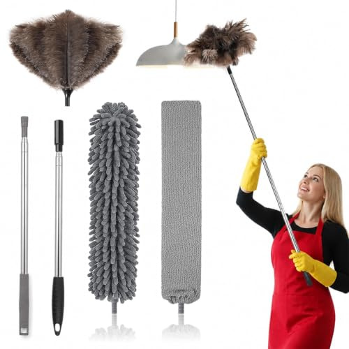 Bztzhm Plumero de plumas de avestruz, telescópico, lavable, extensible hasta 125 cm, para techos y superficies delicadas