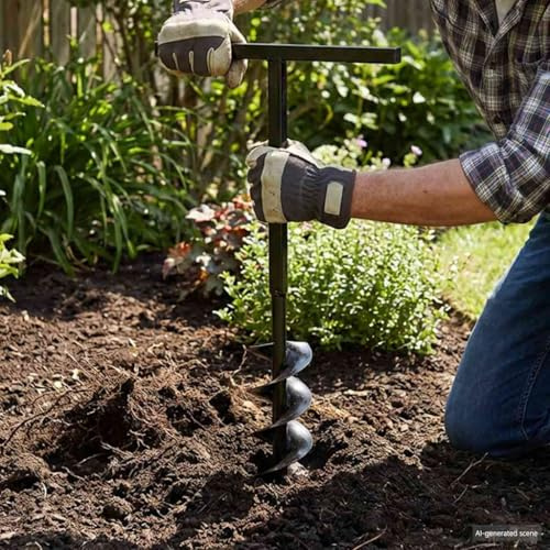 QUAHEAS Trivella con manico e 12 tubi di prolunga, punta elicoidale da 150 mm, in ferro resistente, per giardino, aiuole, piante, terra, legno, punte per pali e trapano manuale