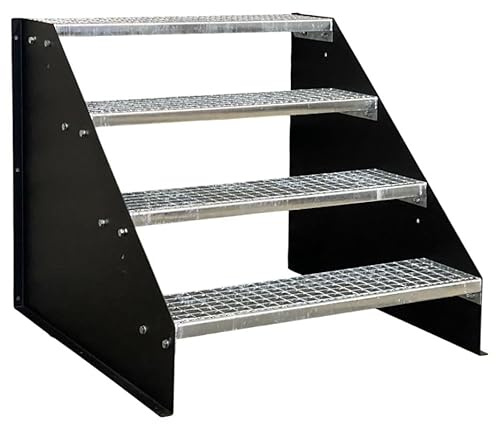 SRM Design 4 Stufen Standtreppe Stahltreppe Wangentreppe Gitterrosttreppe freistehend Breite 80cm Höhe 84cm Schwarz/Robuste Außentreppe/Stabile Industrietreppe für den Außenbereich