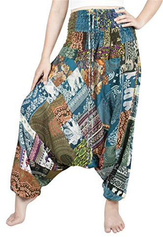 Lofbaz Unisex lapptäcke hippie haremsbyxor casual breda yoga färgglada byxor, Grön, one size