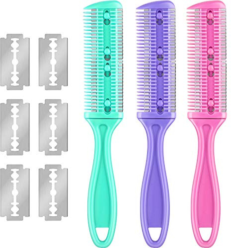 Maitys 3 Pcs Haircut Razor Comb Hair Cutting Comb with 12 Replacement Blades Double Edge Shaper for Salon & Home Styling Split Ends Trimmer Styler for Thick and Thin Hair