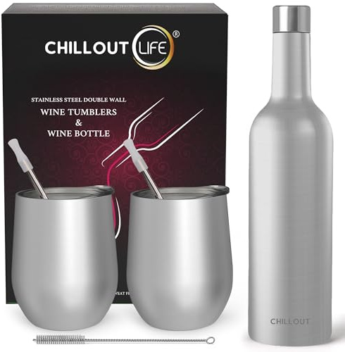 CHILLOUT LIFE Stainless Steel Wine Tumblers 2 Pack 12 oz & 1 Insulated Wine Bottle - Double Wall Vacuum Insulated Wine Cups with Lids and Straws Set