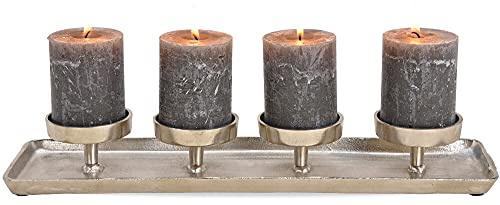 matches21 Advent Arrangement Tray with 4 Candle Holders for Pillar Candles, Table Decoration, Metal, Silver, 1 Piece, 44 x 12 cm