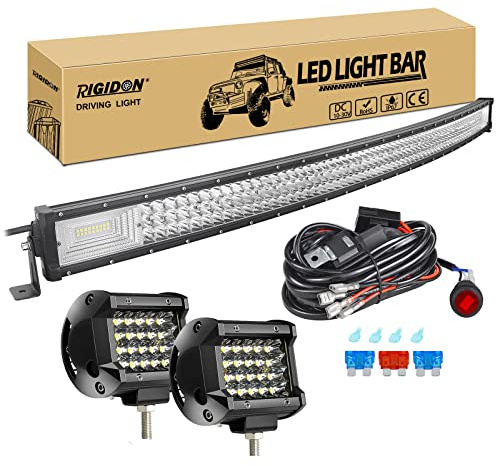 RIGIDON 50 Zoll 127cm 648W Gebogene led lichtleiste mit 12v kabelbaum kit | 2x 4 zoll led pods, 6000K, wasserdichte, offroad beleuchtung, lightbar, arbeitsscheinwerfer, für auto KFZ ATV LKW fahrzeuge