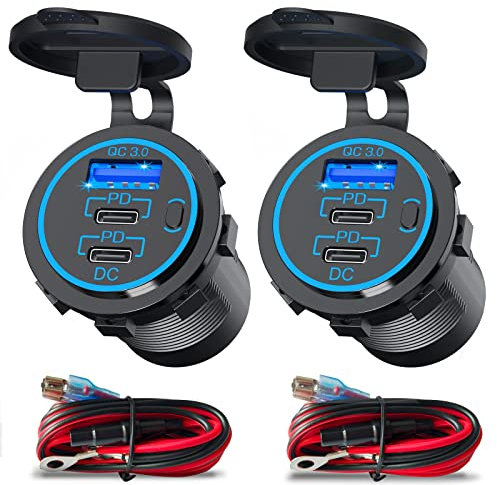 USB C Car Charger Socket 12V USB Outlet 2 Pack,78W RV USB Outlet Dual 30W PD USB-C and 18W QC3.0 Car USB Port with Button Switch Waterproof for Car RV Boat Marine Truck Motorcycle ect