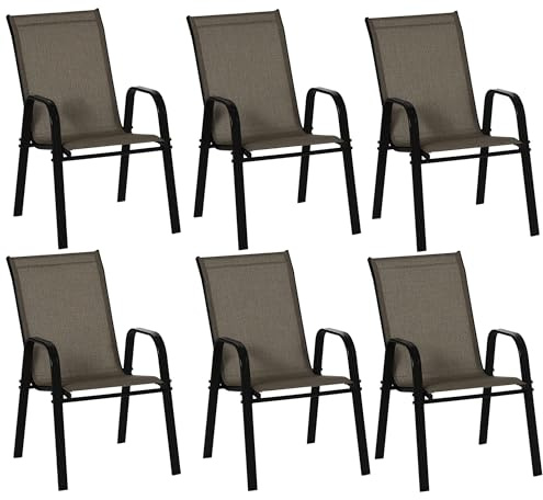 Outsunny Set 6 Sedie da Giardino Impilabili con Braccioli, Sedie per Pranzo da Esterno in Metallo e Texteline Impermeabile, da Patio, Balcone, Terrazza, Esterno e Interno, 54x75.5x95cm, Marrone