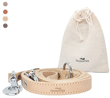 FREUDENTIER Hundeleine aus zertifiziertem Leder 2m, 3-Fach verstellbare Führleine, Handmade in EU, hochwertig und stilvoll, Amstelpark Kollektion (Sand, 25mm breit) | Gewachste Lederleine für kleine, mittelgroße & große Hunde - Aus LWG Gold zertifizierten Gerbereien - Handmade in EU