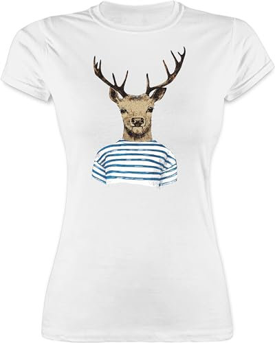 Damen - Kompatibel Oktoberfest - Hirsch mit gestreiftem Shirt - XXL - Weiß - Trachten Shirts trachtenshirt bayrische Funshirts für Frauen Tshirt trachtenshirts bayrisch t-Shirt t Frau