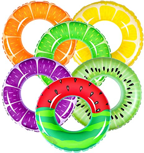 6 Pcs Fruit Inflatable Pool Floats Swimming Rings Watermelon Orange Grape Lemon Kiwi Pool Toys Swim Tubes Rings Inflatable Tubes Bulk for Adults Beach Outdoor Party Supplies Water Fun Toys