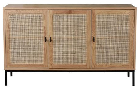 CALICOSY - Sideboard 3 Türen Rattangeflecht - Eichenholzoptik - Spanplatten - Schwarze Metallgriffe - Aufbewahrungsmöbel für Wohnzimmer, Schlafzimmer, Wohnzimmer - B 120 x T 40 x H 72 cm