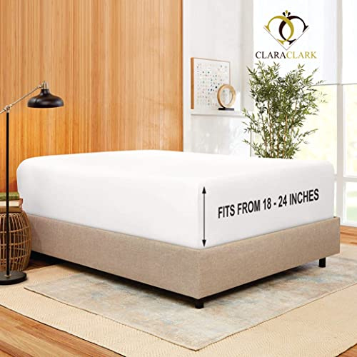Clara Clark Stay Fitted Single Sheet, Fitted Sheet ONLY! Stay Fit on Mattress with Elastic Straps at Corners, Deep Pocket Fitted Sheet, Fits 18 to 24 Inch Mattress, Queen – White