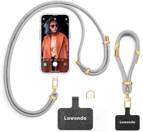 Lawonda Universal Handykette geeignet für alle Smartphones, Kette zum Umhängen um Hals & Handgelenk, Pad mit Kordel, Smartphonekette für Unterwegs, Handyband mit 2er Ersatz Einlage Grau