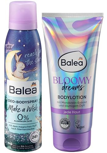 Balea 2er-Set Körperpflege: Deospray Make a Wish magischer Duft nach Sternenzauber, 150 ml + Bodylotion Bloomy Days Feuchtigkeits-Pflege Sheabutter, Mondstein-Extrakt, blumiger Duft, 200 ml (350 ml)