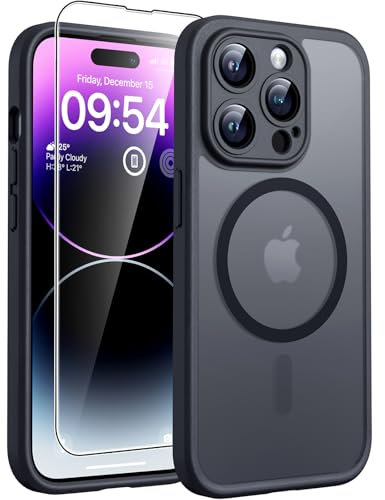 TOCOL für iPhone 14 Pro Hülle für Magsafe, Vollständiger Kameraschutz Stoßfest Kratzfest Transluzente Rückseite Magnetisch Handyhülle für iPhone 14 Pro Case, Schwarz