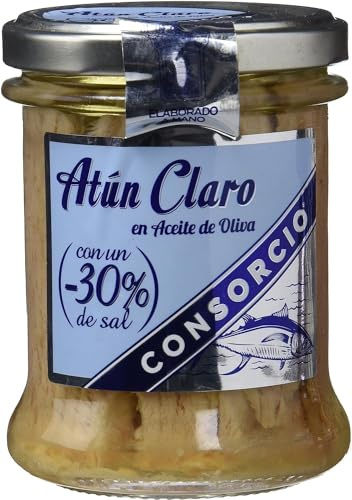 Consorcio - Atún Claro Ligero en Sal | 12 Tarros (195g-135g) | con Menos del 30% de Sal | Lomos de Atún Enteros Cocidos | 100% Natural