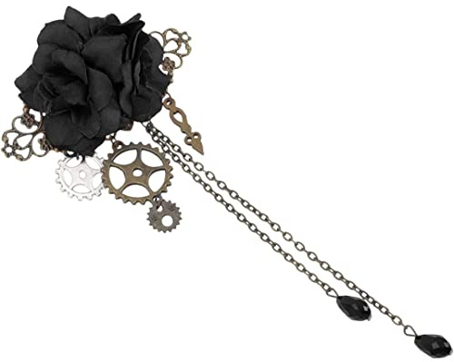 Hilai Steampunk Haarspangen mit Quasten, Kette, Rosenblüten Haarspange, Vintage Halloween Kopfschmuck, Gothic Haarschmuck für Frauen und Mädchen, Schwarz - Haarclip, 1 stück (1er Pack)